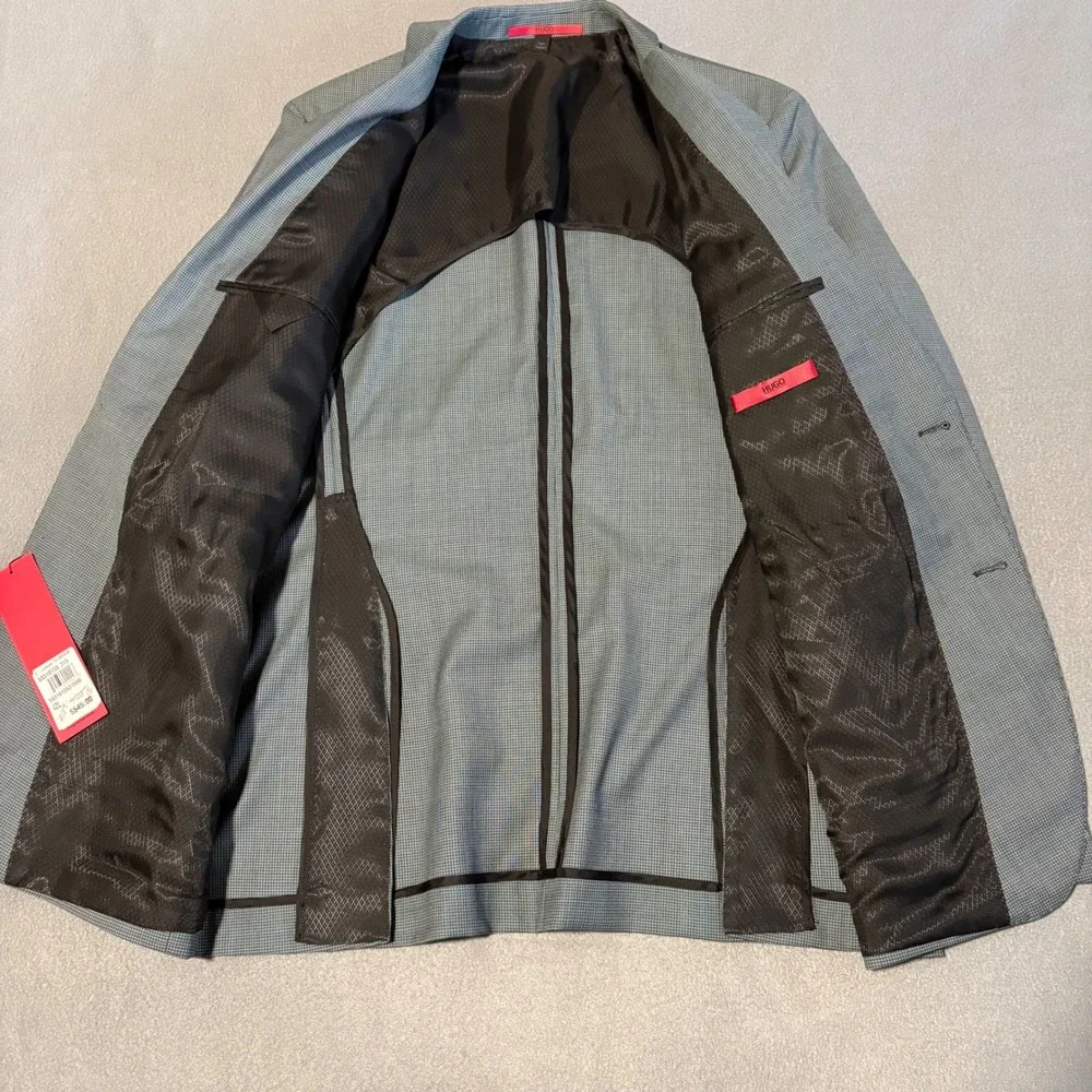Hugo Boss Jetson Sport Coat 42L Mint Micro Check Virgin Wool Unstructured NEW